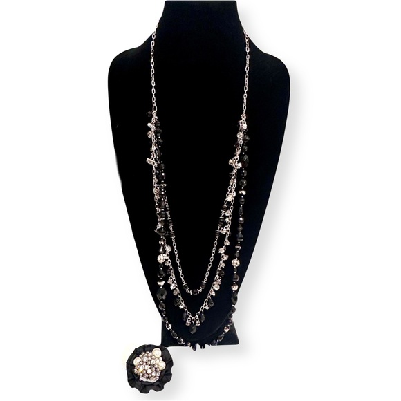 WHITE HOUSE BLACK MARKET Black Bead Pearl & Crystal Necklace w Removable Broach - Picture 5 of 12